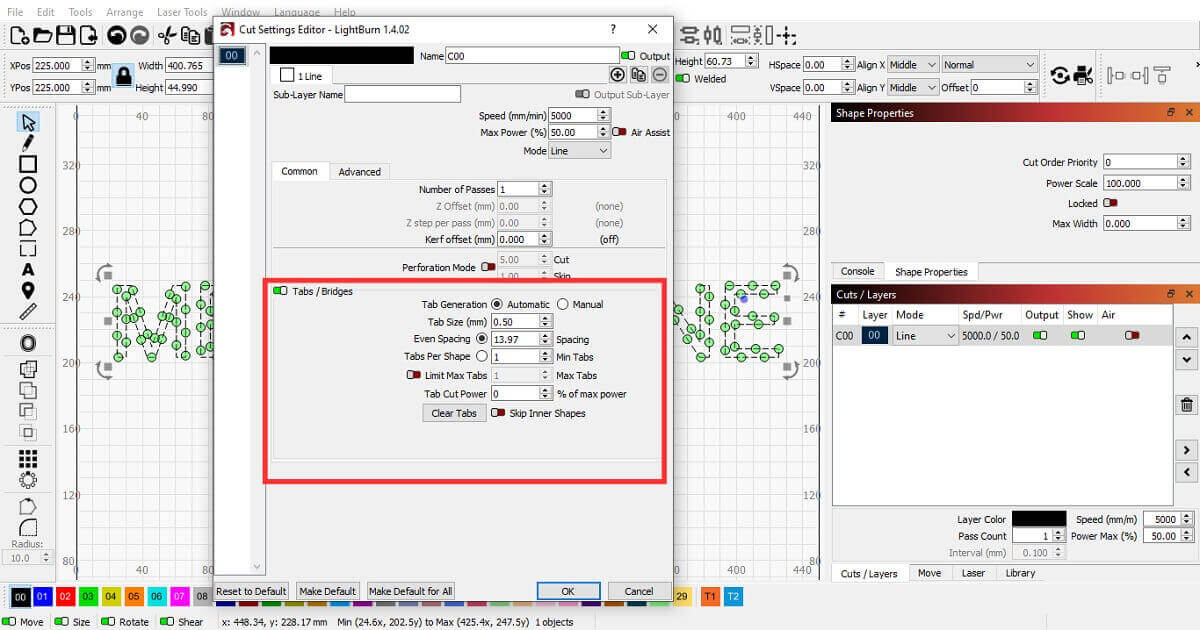Tabs Bridges mode in Lightburn