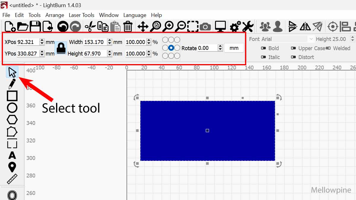 Tools to select, reize, move and reorient designs in LightBurn