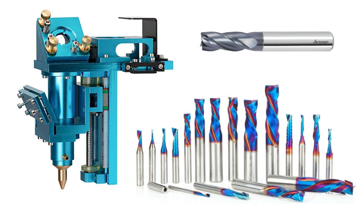 Laser head and some end mills used on CNC routers/mills
